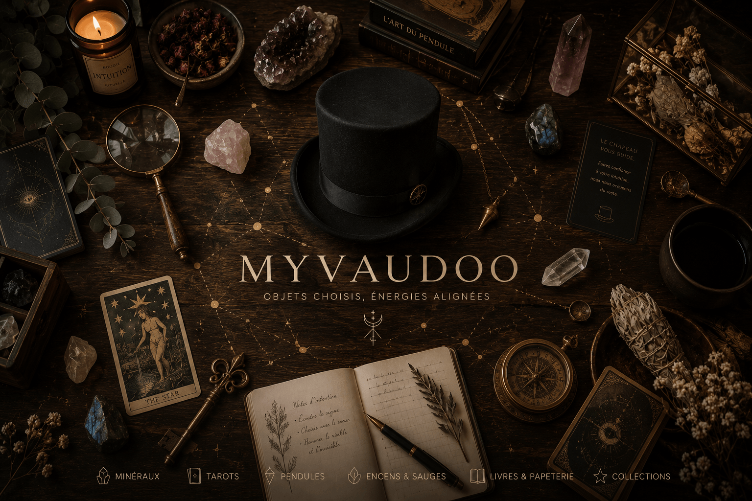 Myvaudoo — objets choisis, énergies alignées : minéraux, tarots, pendules, encens et sauges autour du Chapeau